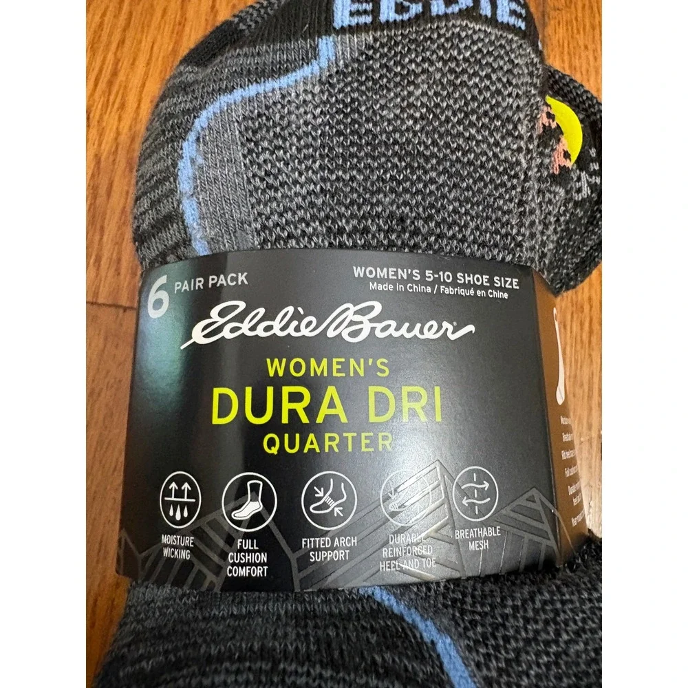 Eddie Bauer Womens Dura Dri Quarter Socks 6 Pair Pack Charcoal Grey Size 5-10
